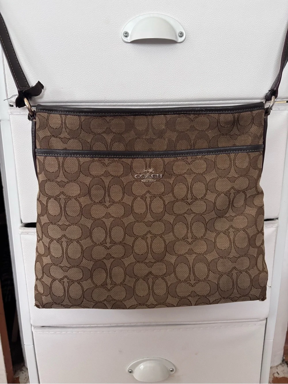Coach Brown Signature Canvas Crossbody Bag with Dark Trim